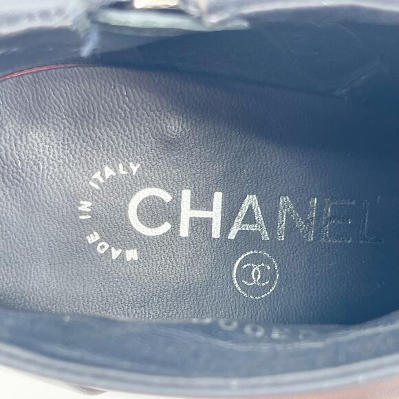 Chanel EU 38 Navy Leather Ankle Boots Patent Cap Toe Chain Platform Booties - Picture 14 of 14